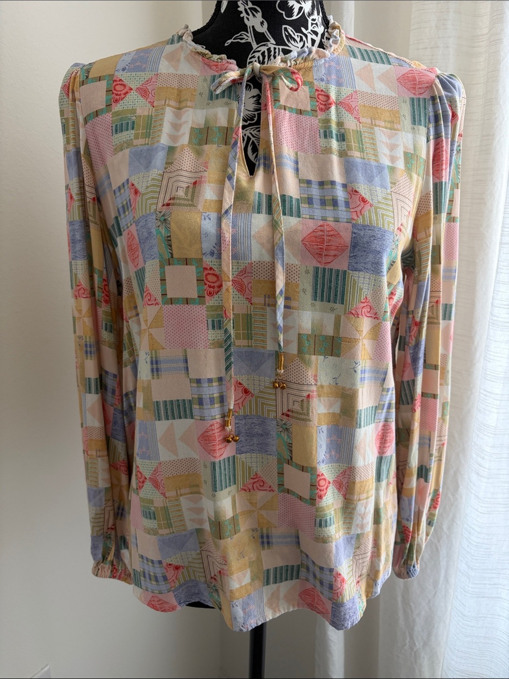 LASCANA Pastel Patchwork Tie-Neck Long Sleeve Blouse